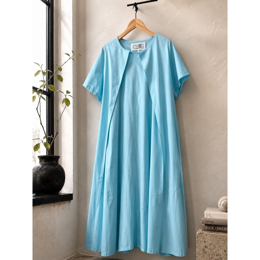 MM6 Maison Margiela Cotton Poplin Maxi Dress Light Blue Layered Size 44 Size 8